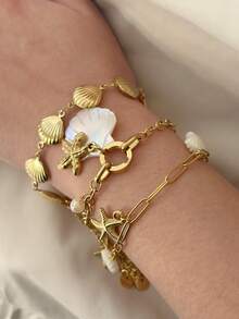 1 件海洋系列海星和贝壳不锈钢手链，独特的配饰礼物，适合女性，夏季