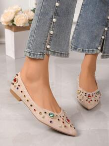 Women's Punk Crystal Embellished Pointed Toe Flats, Suitable For Office And Party - Khaki - View 2