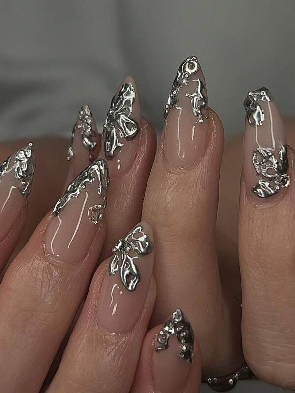 24 Pieces Of Almond Shaped Pressed Fake Nail Patches, Silver Contrasting Sweet And Cool French Style Women'S Nail Patches, New And Fashionable Fingertips, Matched With 1 Piece Of Jelly Glue And 1 Piece Of Rubbing Strip, Suitable For Women'S Parties, Dances, Daily Casual Wear, Detachable And Reusable Press On Nails Nail Supplies Nails