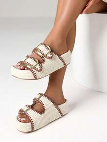 Summer Raffia Platform Sandals Women Thick Bottom Rivit Buckle Slippers Comfy Fashion Dress Beach Women Slides Shoes - 白色 - 查看 1