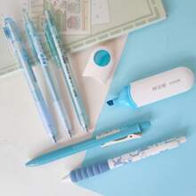 5 Pcs Ballpoint Pens + 1 Pc Highlighter Pen - Blue, Fresh Summer Series, Quick Drying, Long-Lasting, School Supplies, Back To School