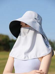 1pc Solid Color Large Brim Hat With Detachable Face Mask, Shoulder Cape For Sun Protection Polyester, Spring Season