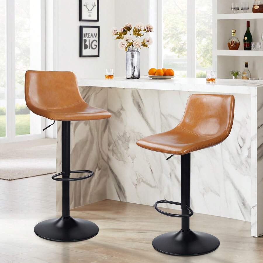 Nalupatio Bar Stools Set Of 2, Adjustable Bar Stools With Back, Modern PU Leather Swivel Height Adjustable Stool Chair For Home Kitchen Island - 棕色 - 查看 1