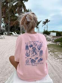 女士夏季新款简约可爱海洋生物印花休闲度假宽松圆领白色短袖T恤，时尚日常上衣，适合日常度假穿着。粉色印花T恤，女士款 - 粉色 - 查看 4