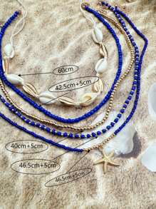 5pcs/Set Bohemian Style Random Color Glass Beaded Starfish Pendant Layered Necklace Set, Suitable For Beach, Vacation, Party
