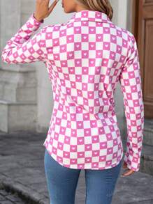 Blusa mujer camisa corta manga larga drapeado cuello camisero estampado corazón ligero dibujo casual elegante formal  botón bajo ajustado calor primavera verano