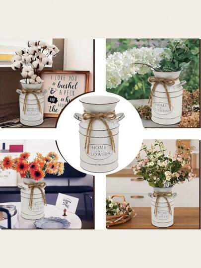 1pc/ Vintage Farmho Metal Galvanized Vase Rustic Crème Distressed Milk Can "Home Floral" Label, Perfect Tabletop Centerpiece Home Room Flower Glass view 2