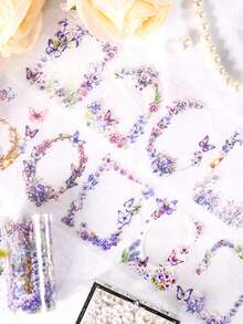 4pcs Flower Butterfly Series And Paper Tape Set, Photo Frame Paper Cutting Stickers, PET Waterproof Decorative Tape With Flowers, Butterflies, Used For Scrapbook Decorative Stickers Hand-Door Tape Border Landscaping Stickers - Multicolor - View 7