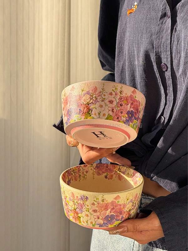 1pc 4.5 Inch Ceramic Bowl, Gorgeous Floral Glazed Design, INS Style Tableware, High Foot Rice/Soup Bowl,School Supplies