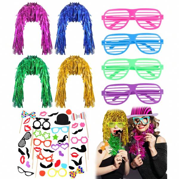 41pcs Neon Party Set - Foil Glitter Wig, Shutter Glasses, Colorful Scarf, Adult Photo Booth Props