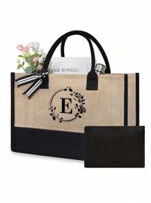 1/2 pezzi Borsa shopping tela con stampa lettere iniziali dalla A alla Z, con borsa portaoggetti cosmetici inclusa, borsa personalizzata, grande capacità, adatto per matrimoni, compleanni, spiaggia, vacanze, scuola, ottimo regalo per donne, mamme, insegnanti, amiche, damigelle d'onore, studenti, borsa grande. Borsa casual capiente e portatile, adatta per lo shopping multifunzionale