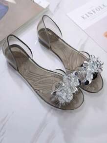 Women's Fashion Shiny Sequin Jelly Flat Sandals, PVC Material Peep Toe Transparent Flat Shoes Suitable For Party, Beach, Outdoor
