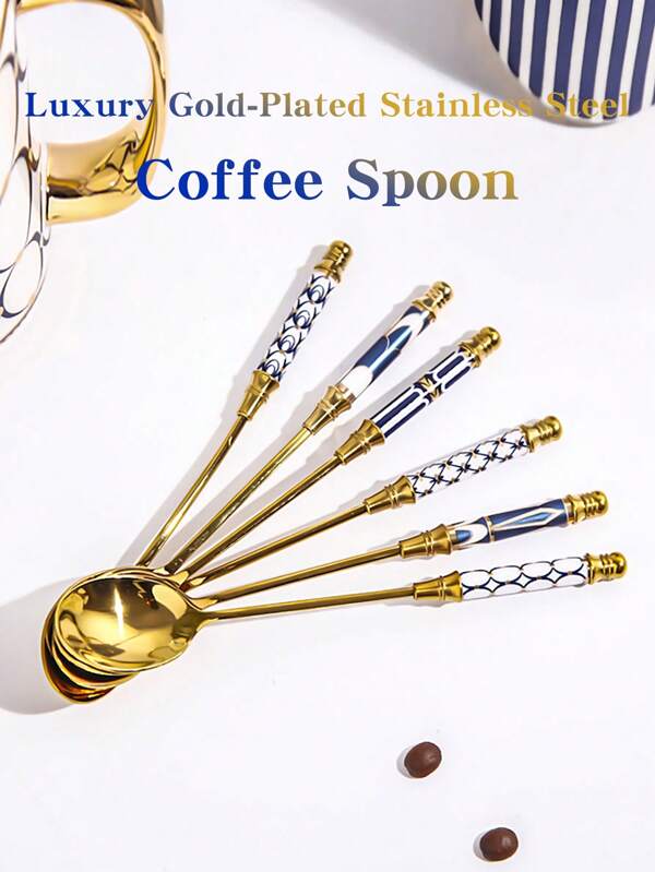 1pc Stainless Steel Coffee Spoons Gold Plated Stainless Steel Teaspoons Ceramics Spoon Tea And Coffee Spoon For Dessert Sugar Cake Ice Cream Cappuccino Coffee And Tea Stirring Gold Coffee Cake Fruit Milk Spoon Kitchen Tableware,School Supplies