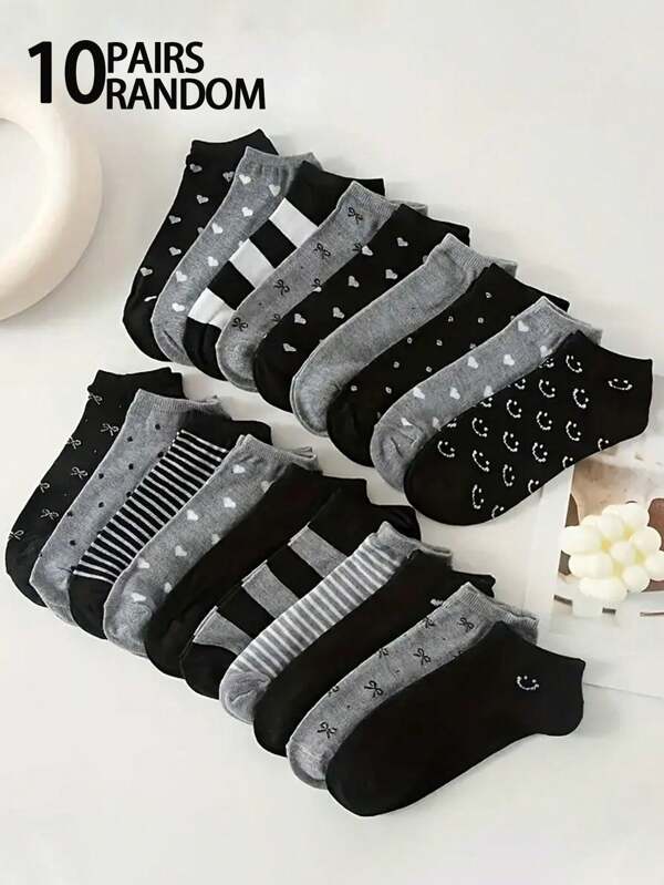Paquete de 10 pares de calcetines de tobillo para mujer, de colores negro y gris con patrones de corazón, lunar y lazo. Elegantes, versátiles, suaves y transpirables, adecuados para todo tipo de calzado en verano