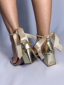 Women's Sandal With Thick Medium Heel, Rhinestones, Back Buckle, Comfort, Promotion - Gold - View 3