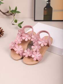 Sandalias con decoración de flores para niños mayores, zapatos de princesa para niñas, zapatos planos informales de playa con correa elástica para estudiantes de primaria, estampado floral de moda, de verano