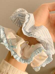 1pc Blue Bowknot Lace Trim Hair Scrunchie, Korean Style Large Messy Bun Hair Tie, Polyester Scrunchies Scrunchy Hair Ties