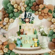 142pcs Forest Animals Jungle Woodland Balloon Garland Arch Kit, Pampas Grass Green & Brown Beige Balloons With Palm Leaves, Suitable For Boho Tropical Birthday Party, Baby Shower Decor
