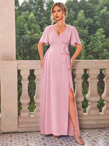 Joyfunear Vestido elegante de unicolor con abertura alta para mujeres embarazadas, vestido de maternidad de verano - Rosa - Ver 1