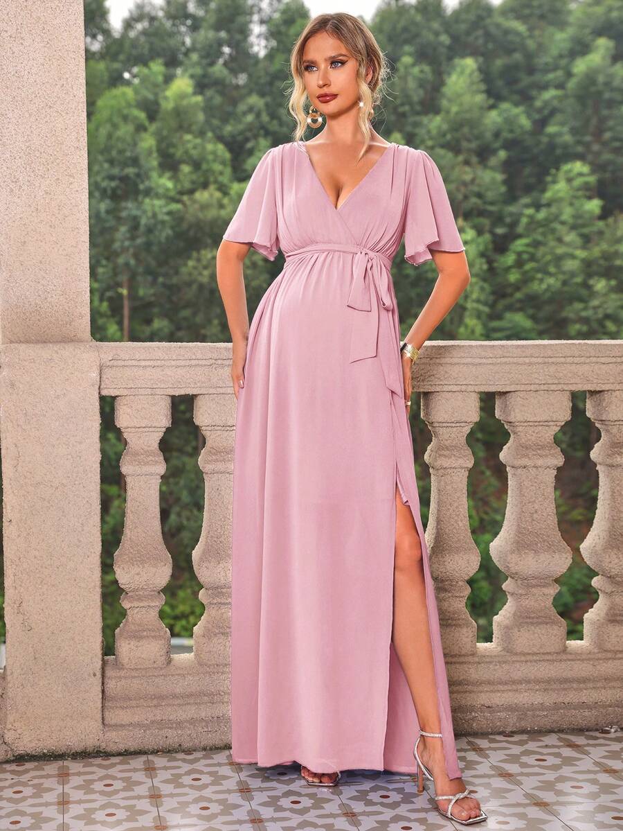 Joyfunear Vestido elegante de unicolor con abertura alta para mujeres embarazadas, vestido de maternidad de verano - Rosa - Ver 1