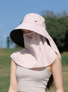 1pc Solid Color Large Brim Hat With Detachable Face Mask, Shoulder Cape For Sun Protection Polyester, Spring Season