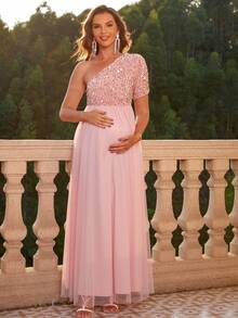 Joyfunear Maternity Solid Color Contrast Sequin Asymmetrical Neck Dress - Pink - View 3