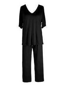 Women Casual Solid V-Neck Short Sleeve Top And Loose Straight Pants Set - Black - View 2