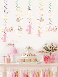 10 piezas Decoración para fiesta de cumpleaños número 1 de la Ganso Tonta, remolinos colgantes de cumpleaños de la Ganso Tonta para niñas con moño rosa, decoraciones de primer cumpleaños de la Ganso Tonta, artículos para la fiesta del pato y la Ganso Tonta divertida - Multicolor - Ver 2