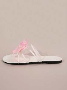 优雅法式 3D 花朵装饰凉鞋 - 休闲、可爱、田园风格、涤纶花卉贴花、平底、适合夏季海滩、婚礼、派对、办公室、家居和户外穿着