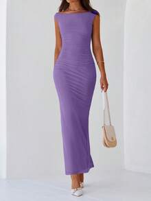 Women Elegant One Shoulder Mesh Maxi Dress Maxi Dress Summer Sleeveless Ruched Slit Back Bodycon Dress Formal Cocktail Wedding Guest Night Out Evening Valentine's Day Long Maxi Dress - xám tím - Xem 6