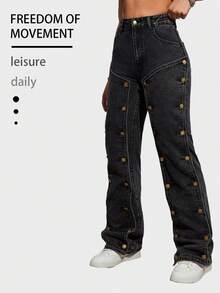 STLT Style streetwear américain, jean en denim avec coupe ample hip hop, élastique, amovible et design patchwork à boucles multiples - Noir - Voir 4