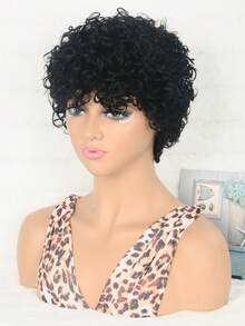 Highlight Short Pxie Cut Curly Wig Full Machine Made Human Hair Wigs With Bang Loose Curly Wave None Lace No Glue 150% Density Natural Black Colored Pixie Cut Wigs For Women Daily Use - SNatural - Xem 4