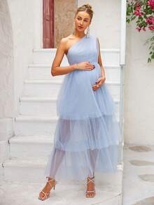 Joyfunear Maternity Solid Color Mesh Asymmetric Neckline Elegant Sleeveless Dress - Baby Blue - View 5