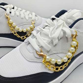 1 Pair Fashionable Pearl Decorated Aluminum Shoe Chain, Elegant Accessory Chain, Suitable For Various Shoes Especially Sports And Casual Shoes
