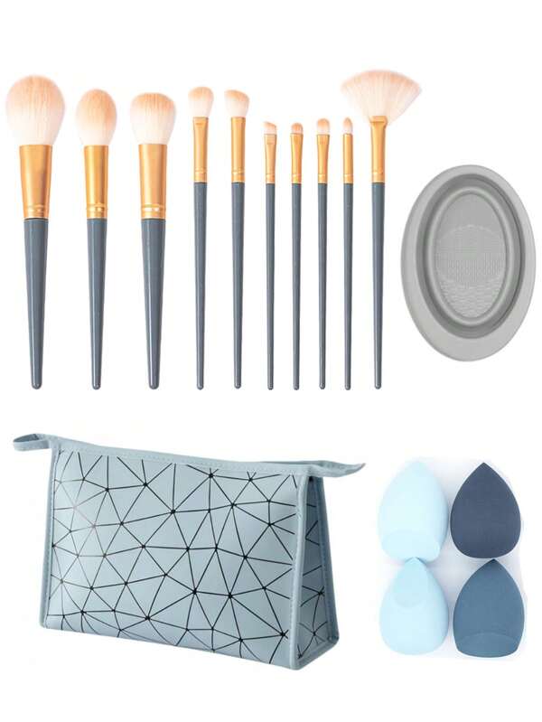 16pcs Makeup Brushes Set: 4pcs Makeup Sponge + 1pc Cosmetic Bag + 1pc Makeup Brushes Cleaner Bowl+10pcs Makeup Brushes, Full Set Of Eye Shadow Brushes, Loose Powder Brushes, Blusher And Foundation Brushes Makeup Brushes & Tools Gift For Women & Girl