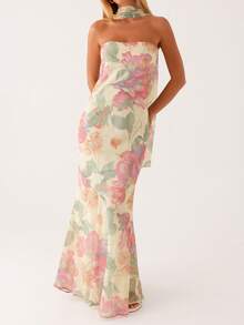 Women Y2k Floral Strapless Maxi Dress Boho Off Shoulder Sleeveless Bodycon Long Dress Summer Backless Tulle Tube Dress With Scarf - 彩色 - 查看 4