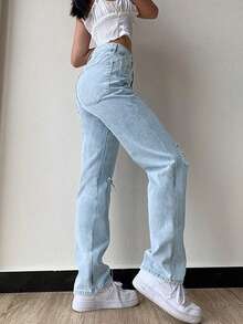 Women Stretch Ripped Distressed Denim Jeans, Spring/Summer Casual Long Pants - Blue - View 2