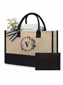 1/2 pezzi Borsa shopping tela con stampa lettere iniziali dalla A alla Z, con borsa portaoggetti cosmetici inclusa, borsa personalizzata, grande capacità, adatto per matrimoni, compleanni, spiaggia, vacanze, scuola, ottimo regalo per donne, mamme, insegnanti, amiche, damigelle d'onore, studenti, borsa grande. Borsa casual capiente e portatile, adatta per lo shopping multifunzionale