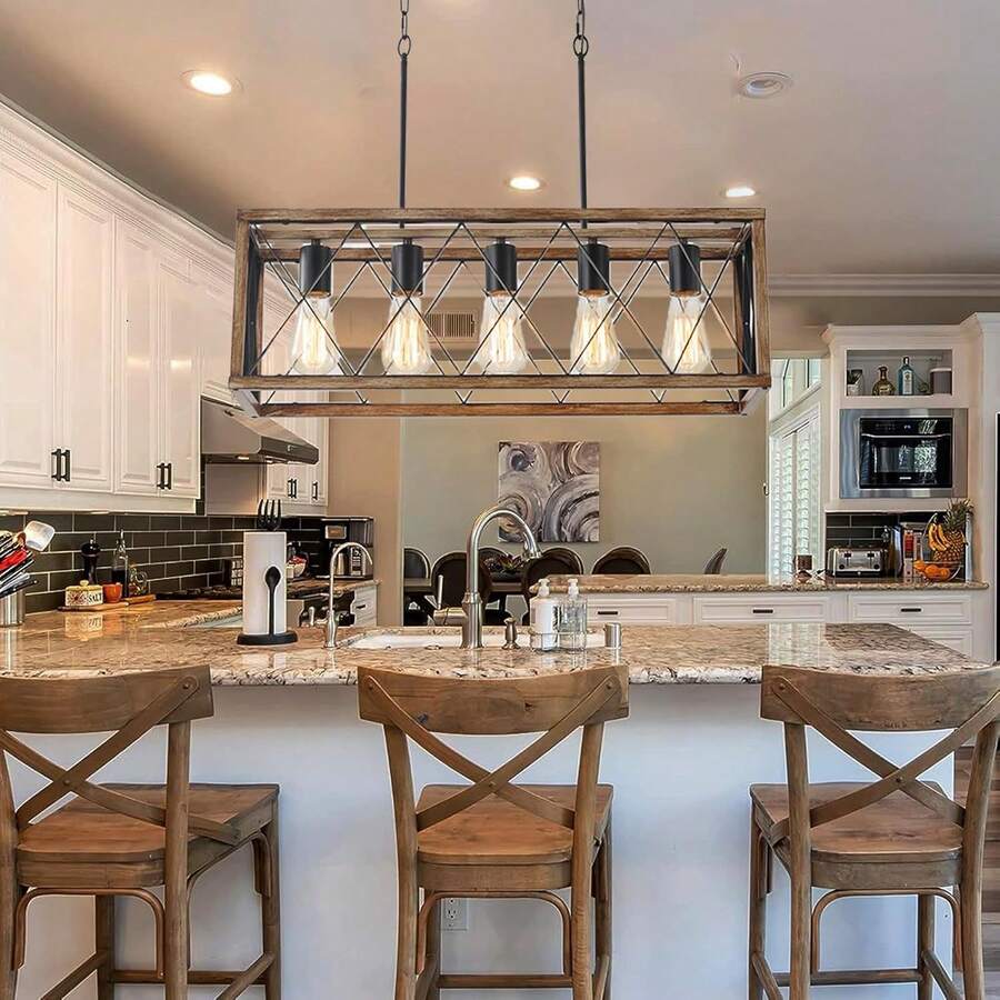 5-Light Farmhouse Linear Light Fixture Black Chandelier, Vintage Wood Kitchen Island Light Fixtures, Table Pendant Lighting For Dining Room, Kitchen,Living Room - 黑色 - 查看 1
