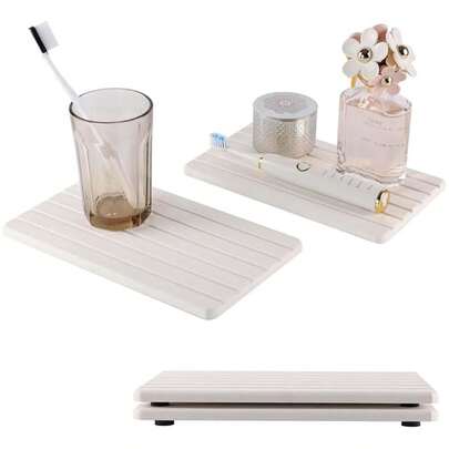 2 件套，浴室水槽梳妆台托盘（8.26 英寸 * 3.93 英寸，约 21 厘米 * 10 厘米），硅藻土杯垫，厨房皂盒，洗手液吸水石，植物和化妆品瓶，现代家居装饰家居浴室装饰浴室收纳秋季装饰返校