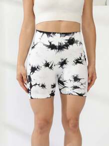 1pc Tie-Dye Allover Print Seamless Yoga/Exercise Shorts, High Waisted Tummy Control, Breathable & Quick Dry, Casual-Sporty, Spring/Summer