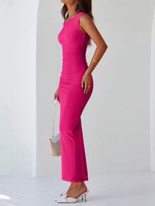 Women Elegant One Shoulder Mesh Maxi Dress Maxi Dress Summer Sleeveless Ruched Slit Back Bodycon Dress Formal Cocktail Wedding Guest Night Out Evening Valentine's Day Long Maxi Dress - Màu Hồng Tươi - Xem 3