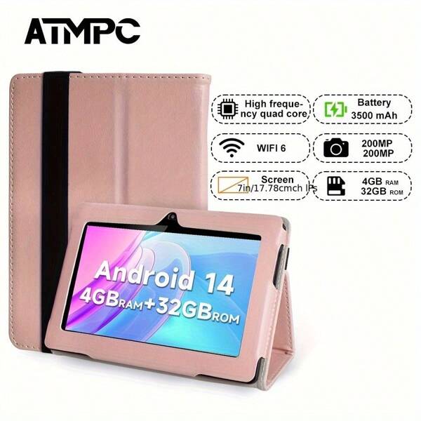 ATMPC ATMPC 701A 7-Inch Android 14 Tablet, Equipped With 2GB DDR RAM, 32GB ROM, 3500MAh, Quad Core Processor, 1024X600IPS Screen, Camera Front 30 Pixels And Rear 200 Pixels Wi-Fi 802.11 B/G/N 2.4g,PC, Equipped With Four Color Anti Drop Leather Cases