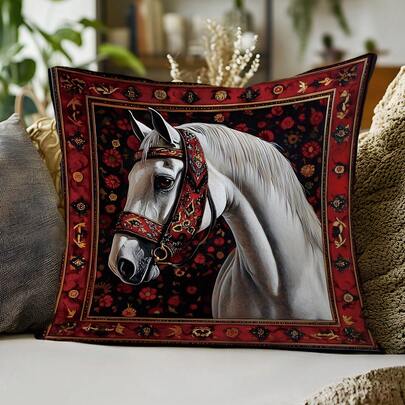 MEMNUN 1pc/2pcs Bohemian Style Red Vintage Oil Painting White Horse Printed Pillow Cover [No Pillow Insert], 17.7*17.7in(45*45cm)/19.69*19.69in(50*50cm)/15.75*15.75in(40*40cm), [Single-Sided Printing] Minimalist Modern Polyester Throw Pillow Covers For Sofa, Bed, Living Room, Bedroom, Car, Office, Hotel Decor, Perfect Gift For Family And Friends, All Seasons