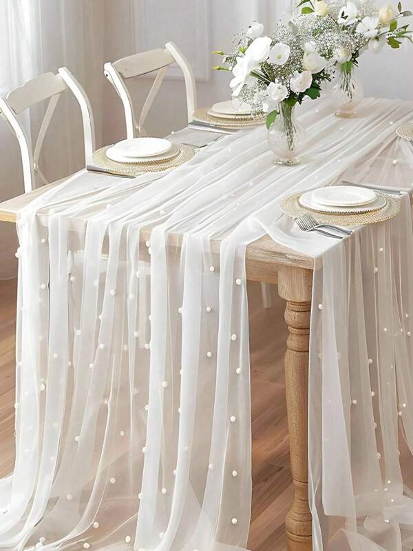 1pc-Faux Pearl Decor Table Runner, Wedding White Pearl Tulle Tablecloth, Wedding Arch Decoration Reception Bridal Shower, Party Decoration, Chair Streamer, Event Background Wall Decor,Christmas, Wedding Decoration Nylon Mesh Fabric New Pearl Hollow Mesh Fabric Valentine's Day