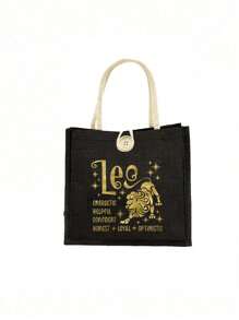 Geantă tote cu model de constelație aurie și geantă mică cu model de constelație, geantă tote neagră din in