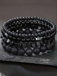 4 件套黑玛瑙哑光串珠手链，时尚男孩手链，高端男孩礼物 - 均碼 - 查看 4