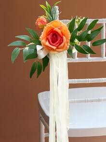 1PC White Rose Wedding Aisle Decorations Pink Pew Flowers Wedding Ceremony Party Chair Decor With Artificial Flowers Eucalyptus And Ribbons - Nhiều màu - Xem 20