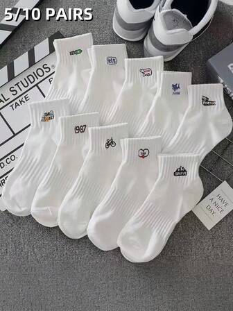 5/10 par herr Nytt vår/sommar mode tryckt brevdesign vit Casual andas ankelstrumpor