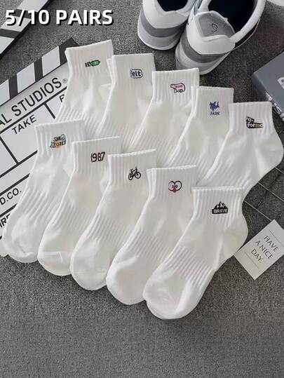 5/10 paires de nouveaux chaussettes de printemps/été mode pour hommes, design imprimé lettres blanches, décontractées, respirantes, cheville